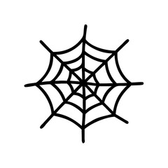 Black outline icon of a spider web featuring intricate patterns and a central hub, designed without a background, perfect for symbolizing Halloween, creepy themes, and arachnid elements.