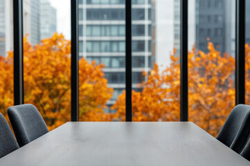 Poster - Empty meeting room overlooking autumn cityscape
