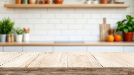 Canvas Print - Empty wooden tabletop with blurred kitchen background for product display