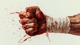 Bleeding bandage, fight club, street fight, violence, bloody theme, white background, boxer, isolated, bloody fists, and bound his hands with a bandage. He also shook his bloody hand in the bandage.