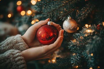 Hands holding a red ornament on a decorated Christmas tree with warm lights.