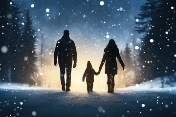 Family enjoying a winter evening walk in the snow under falling snowflakes.