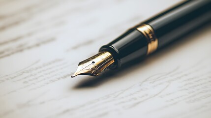 close-up of a golden fountain pen on a page of handwritten script