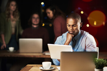 Leinwandbilder - Office, thinking and businessman on tablet at night for website, research and online project. Corporate, ideas and person with coffee on digital tech and laptop for review, internet and proposal