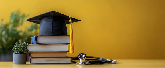 Graduation Cap on Books with Stethoscope