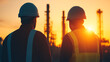 © Marketplace - Two construction workers in hard hats observing the sunset over an industrial landscape, silhouetted against the orange sky.