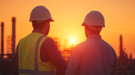 Two construction workers wearing safety helmets and vests, gazing at a beautiful sunset over an industrial landscape.