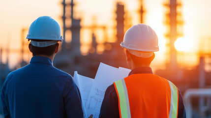 Two engineers reviewing plans at sunset in an industrial setting, wearing safety helmets, discussing project details against a backdrop of structures.