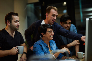 Leinwandbilder - People, computer and collaboration at night for planning, information technology and pointing with diversity. Research, programming and teamwork for problem solving, software development and project