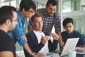 Poster - Meeting, laptop and brainstorming in office, people and collaboration for layout design, planning and online. Digital, graphic designer and branding of business, creative and group with ideas