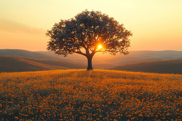 Canvas Print - A lone tree standing in a golden field as the sun sets behind it creates a simple yet powerful image of nature's splendor. Concept of beauty in nature.