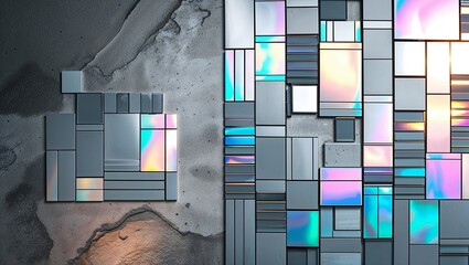 Wall Mural - Abstract geometric pattern with iridescent squares on a grey background.