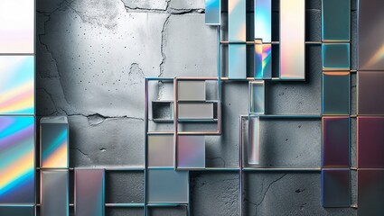 Canvas Print - Abstract geometric shapes made of iridescent metal and glass, arranged on a concrete wall.