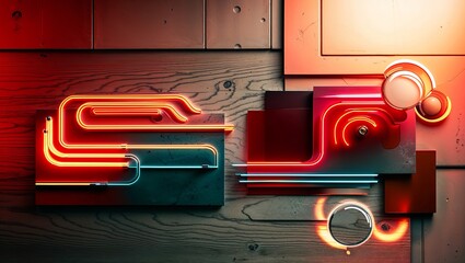 Poster - Abstract neon light installation with red, orange, and blue against a wood panel background.