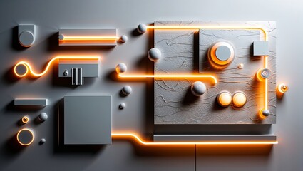 Canvas Print - Abstract geometric shapes with glowing orange neon lights.