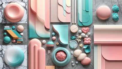 Wall Mural - Abstract 3D shapes in pastel pink and blue colors.