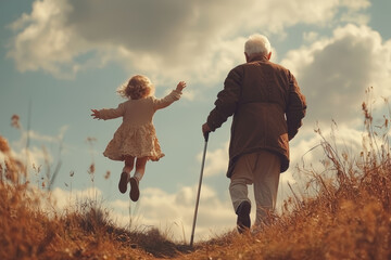 Wall Mural - A child's joyful leap into the air next to an elderly person walking with a cane shows the contrast between youth and age. Concept of emotions in contrast.