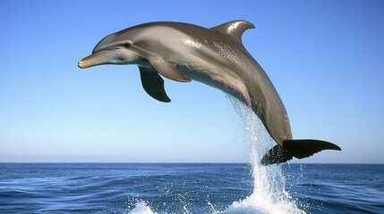 A dolphin leaps out of the water with a splash, against a bright blue sky.