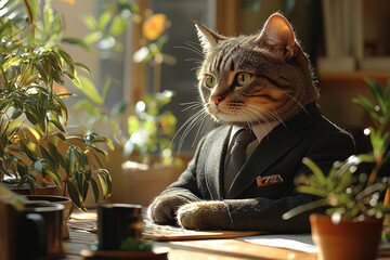 A cat wearing a business suit sits at a desk, symbolizing the pressures of daily work. Concept of animals in human roles.