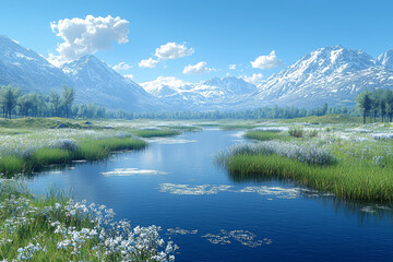 Wall Mural - A calm river winding through a valley under a clear blue sky evokes a sense of peace and natural beauty. Concept of beauty in nature.