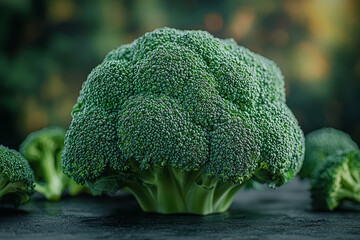 Wall Mural - A broccoli head isolated from its background shows its rich green color and texture. Concept of vegetable isolated from background.