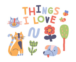 Wall Mural - set of funny children drawings. adorable kids doodles with cute animal faces, flowers and trees. scr
