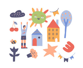 Wall Mural - set of funny children drawings. cute kids doodles with clouds, trees, houses and bees. scribbles of 