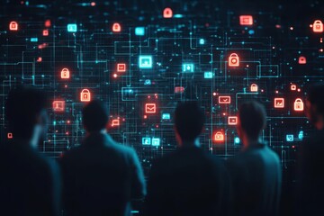 Poster - A group of hackers standing in front of an impenetrable data fortress, glowing with privacy symbols and encryption locks they cant break