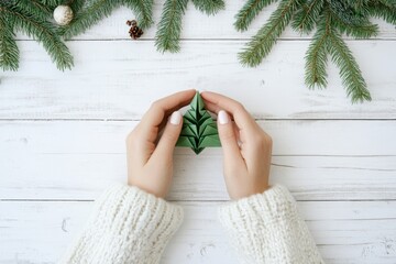 Woman s hands in white wool sweater crafting green paper origami christmas tree on table