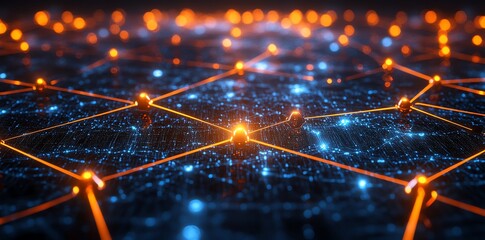 Leinwandbilder - Abstract digital network with glowing lines and nodes on dark background.