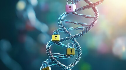 Aufkleber - An illustration of a DNA strand wrapped in layers of security chains and padlocks, symbolizing genetic data privacy and protection