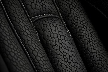 Close-up of Black Leather with a Scaled Pattern and White Stitching