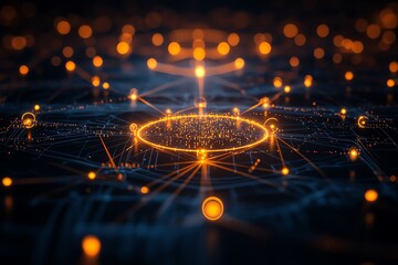 Fototapete - A glowing city at the center of a network of connected dots, representing a global network or communication system.