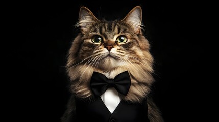 Sophisticated Exotic Longhair Cat Dressed in Black Costume with Bow Tie on Plain Dark Background