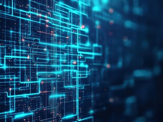 Fototapete - Floating tech circuits, neon digital grid, dark futuristic background, abstract patterns, glowing blue lines