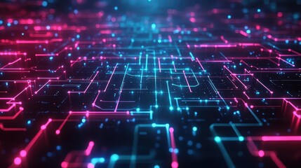 Poster - Futuristic circuit pathways, glowing neon grid, advanced technology design, dark abstract background
