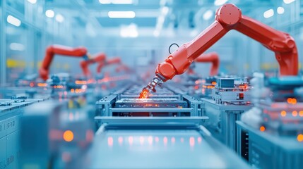 Fototapete - Futuristic factory assembly line, robotic arms, precision machinery, 3D illustration