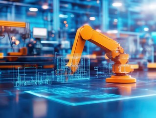 Poster - Holographic blueprints, AIcontrolled manufacturing line, sleek machinery, futuristic factory environment