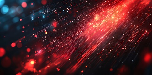 Abstract red and blue lines with bokeh light streaks and particles on dark background.