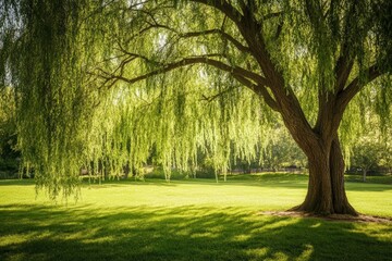 Wall Mural - A willow tree providing shade in a quiet park, its branches creating a natural canopy