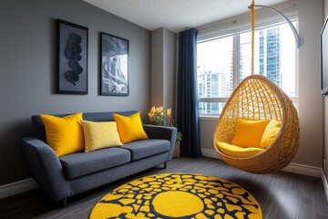 A modern living room with ultimate grey walls, accented by illuminating yellow cushions and decor