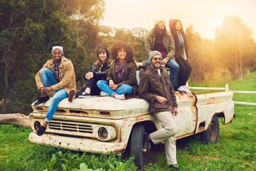 Aufkleber - Portrait, friends and people in forest, truck and smile with vacation, countryside and break. Face, outdoor and group with vehicle, transportation and nature with summer holiday, adventure or travel