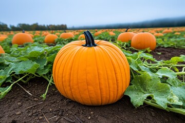 a pumpkin patch on a misty morning, with vines trailing across the ground