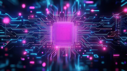 Fototapete - Neon circuit board, glowing tech pathways, dark futuristic background, abstract electronic design