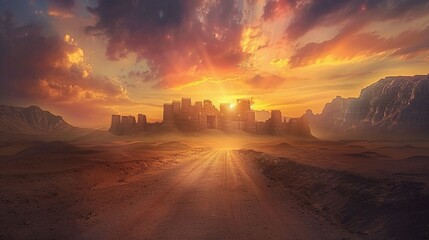 A Desolate Desert Landscape with a Ruined Fortress and a Setting Sun