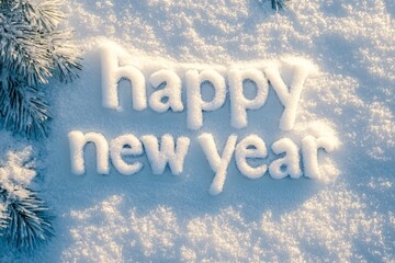 Snowy inscription of  happy new year  in little letters surrounded by a blank winter landscape