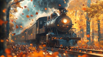 Canvas Print - AI-rendered old-fashioned steam train passing through a colorful autumn forest, with leaves falling around.