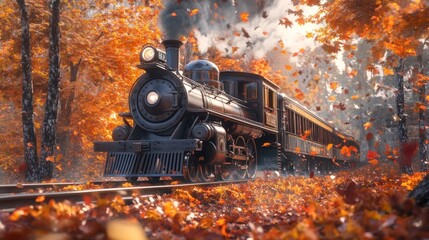 Canvas Print - AI-rendered old-fashioned steam train passing through a colorful autumn forest, with leaves falling around.