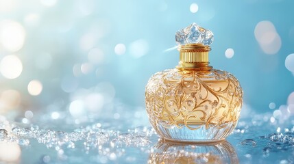 Elegant luxury perfume bottle with golden, intricate designs, surrounded by glistening water droplets, placed on an elegant surface with a soft blue gradient background for added depth.