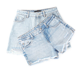 Poster - Stylish light blue denim shorts isolated on white, top view